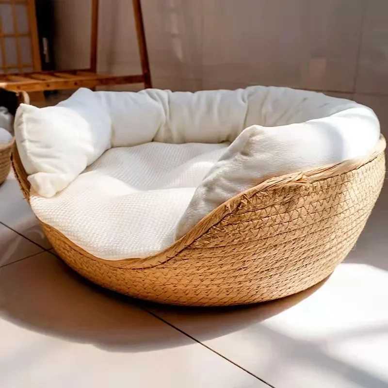 Pet Bed Soft Cat Kennel Dog Beds Sofa Bamboo Weaving Four Season Cozy Nest Baskets Waterproof Removable Cushion Sleeping Bag M251217
