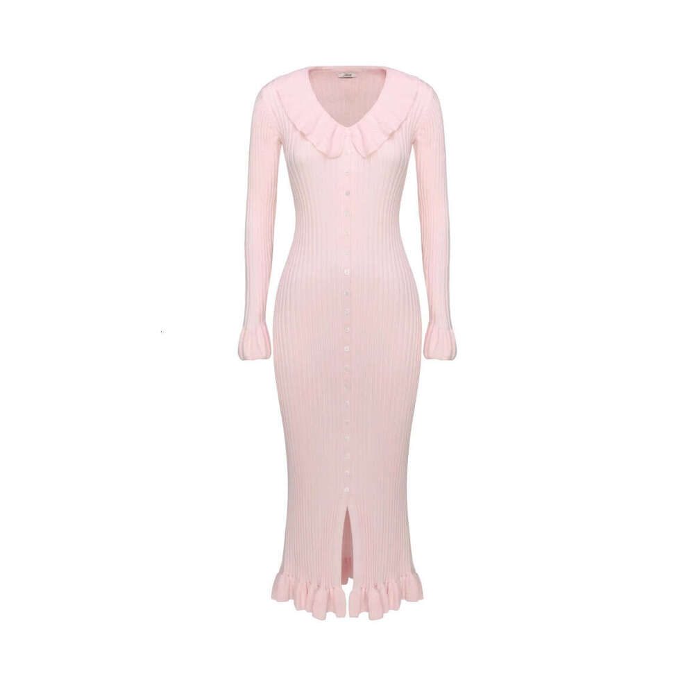 New French Pink Elegant For Women Sweet Style Ruffled Sleeve Slim Fit Single-Breasted Long Dress B5