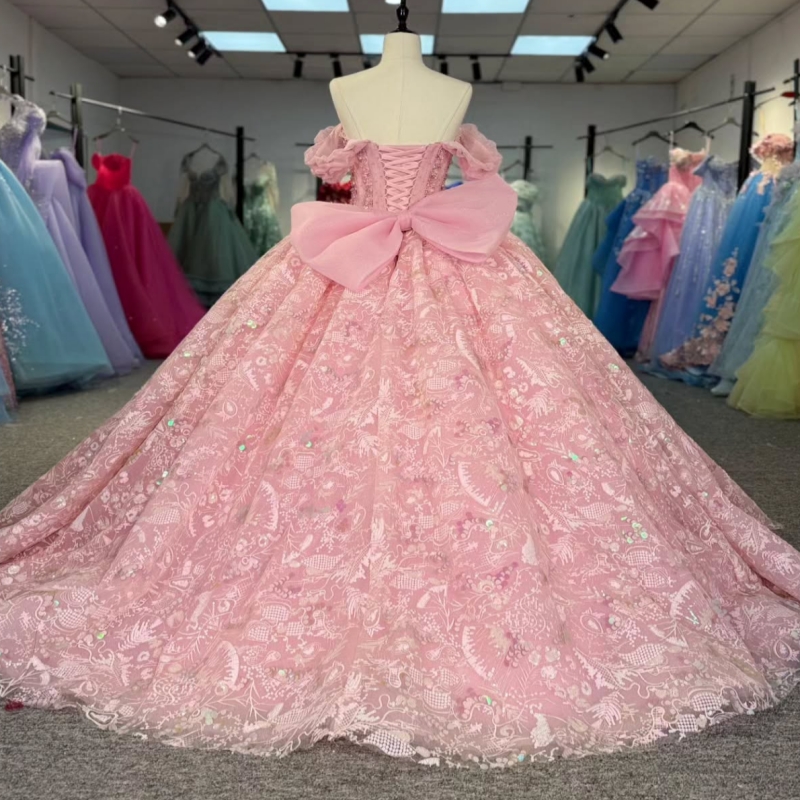 Pink Quinceanera Dresses Off The Shoulder Sequin Applique Beading Bow Tull Party Birthday Sweet 16 Dress Vestidos 15 De Anos