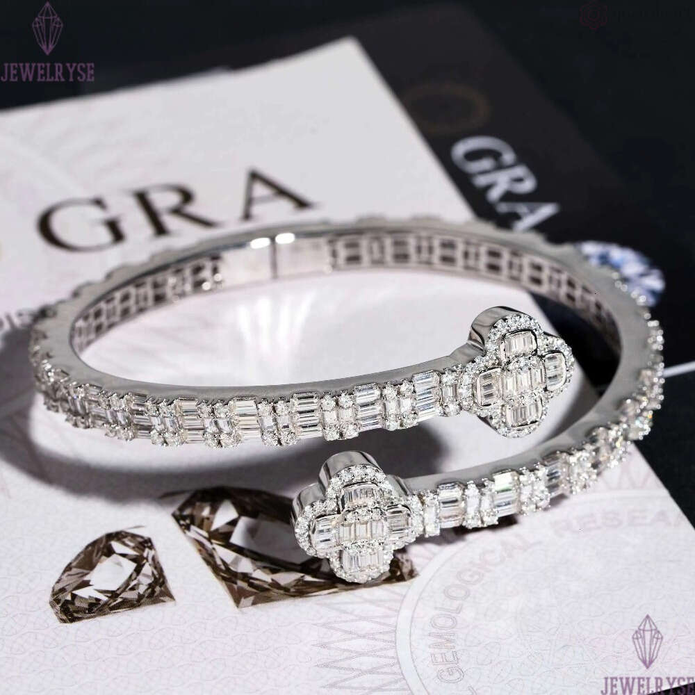 Pass Diamond Tester 14K Gold 925 Sterling Silver Baguette VVS Moissanite Iced Out Clover Cuff Bangle Bracelet for Men Women