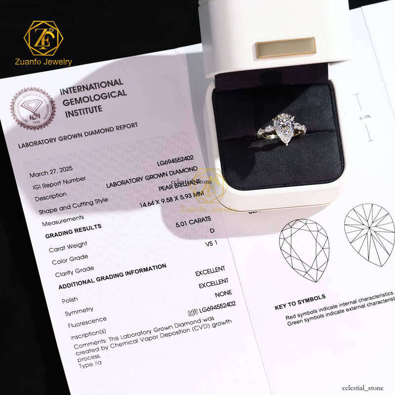 IGI Certified 5CT D VS1 CVD Lab-Grown VVS Moissanite 14K 18K Pure Gold Pear Engagement Ring Women's Jewelry