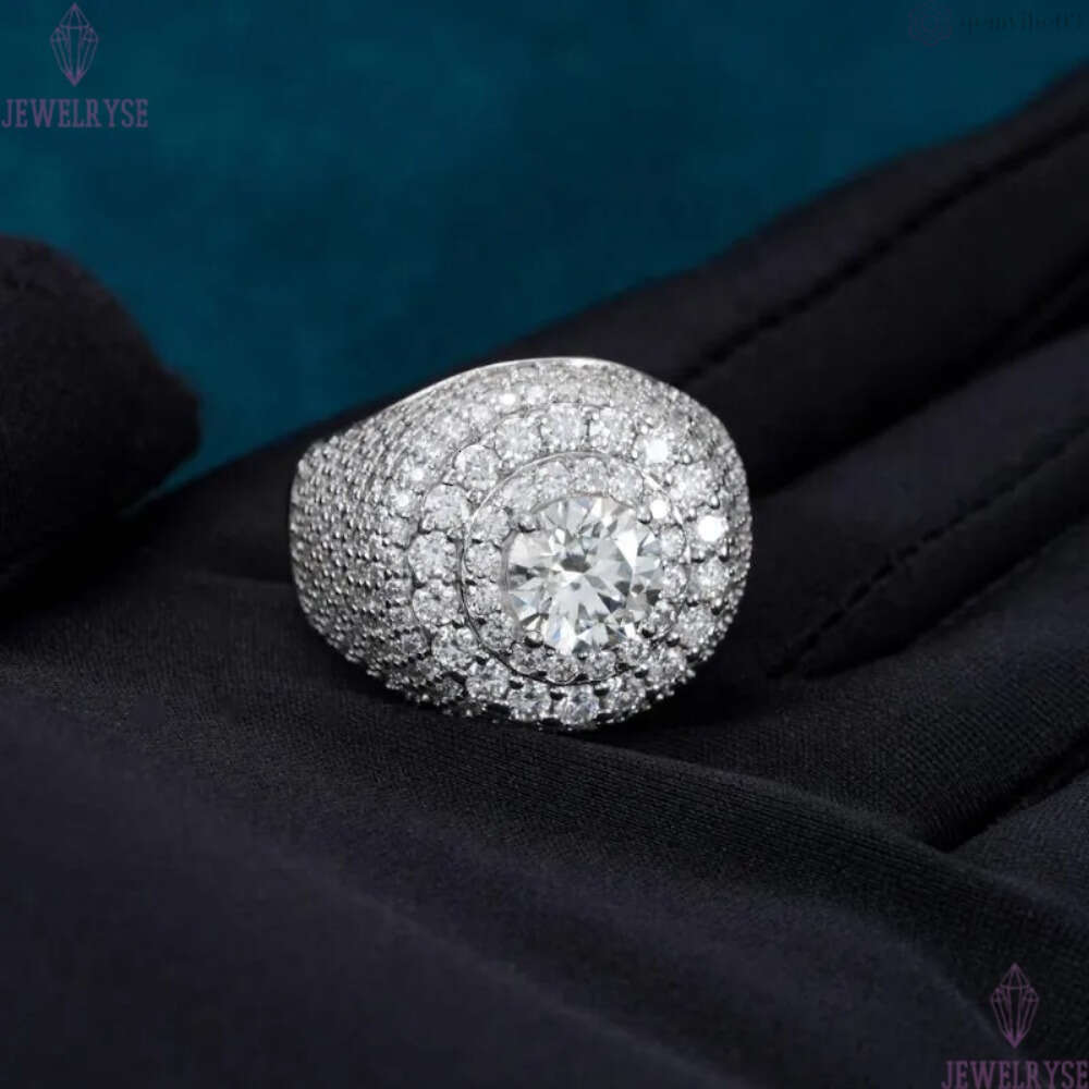 Hip Hop VVS D Color Moissanite Bling Mens Cluster Double Halo Signet Ring With 925 Sterling Silver Pass Diamond Tester GRA A