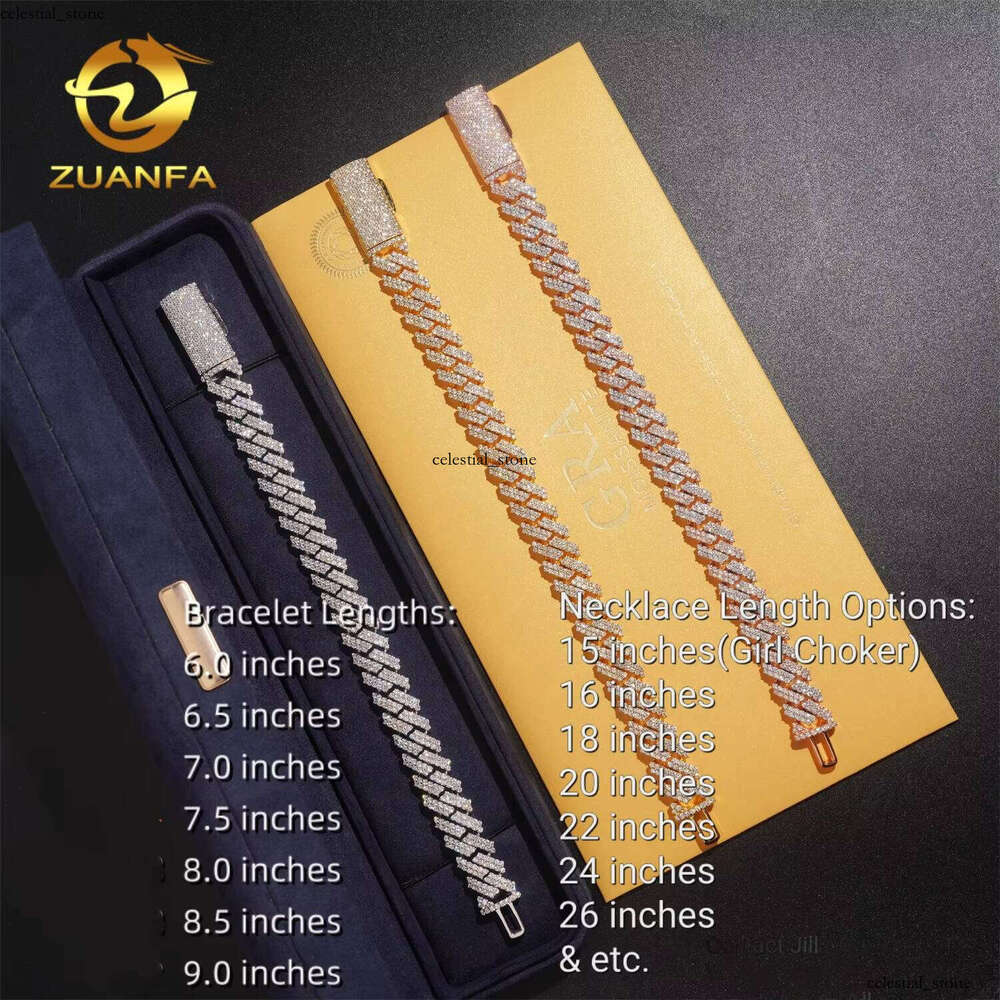 Ready-made Leading 12mm Cuban Link Silicon Stone 2-row Fork Chain Passed Tester GRA Certification