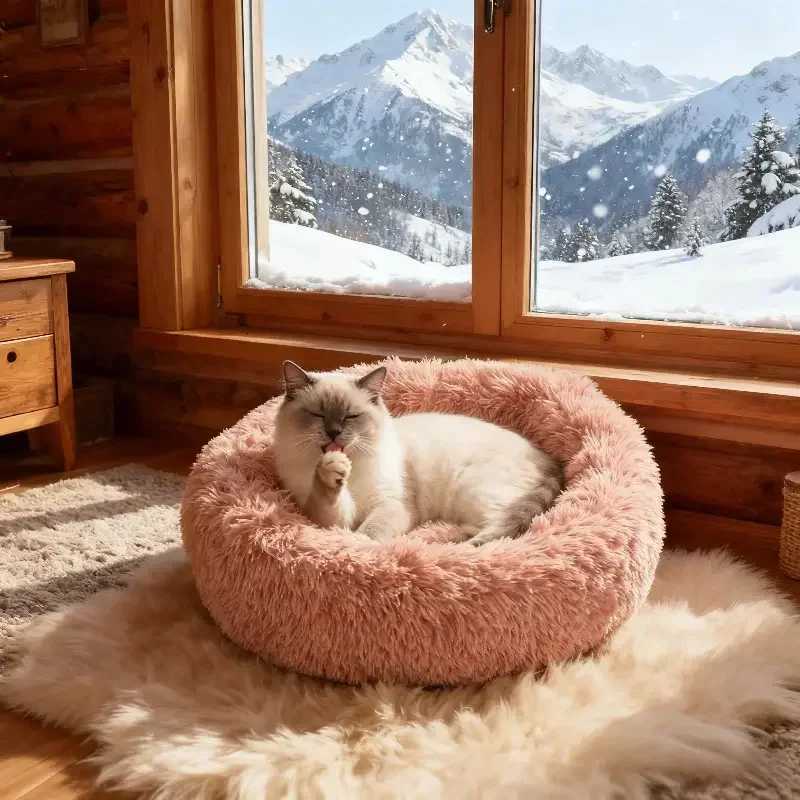 1pc Round Plush Dog Bed Cat NestNon-Slip Base Warm Soft Faux Fur Pet BedPerfect Christmas Gift Cozy Home Decor M251217