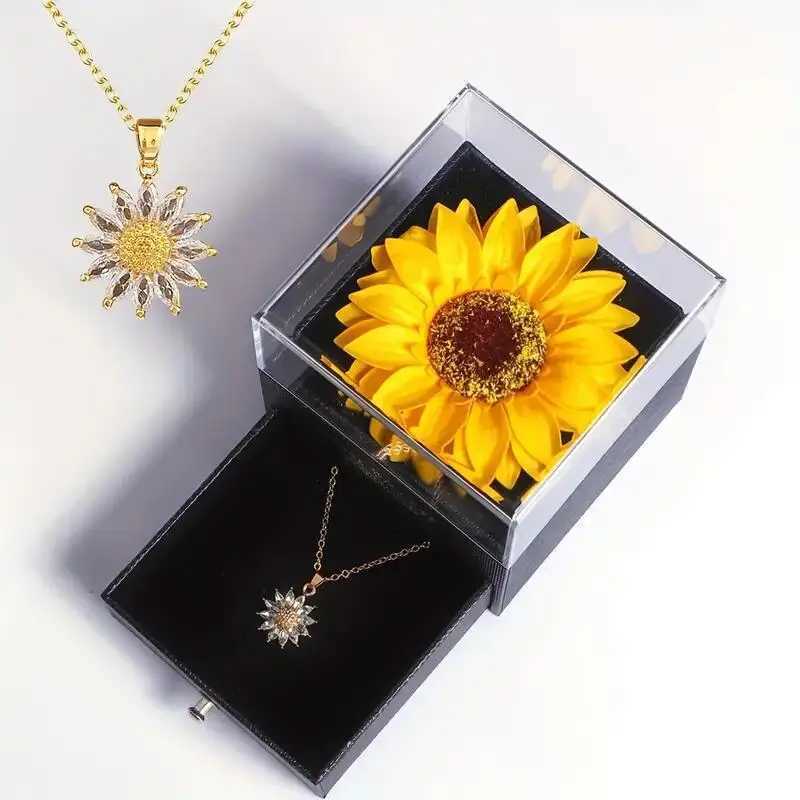 Dainty Stainless Steel Necklace Plated Zircon Daisy Sunflower Pendant Necklace with Sunflower Gift Box For Women Girls Jewelry G251217