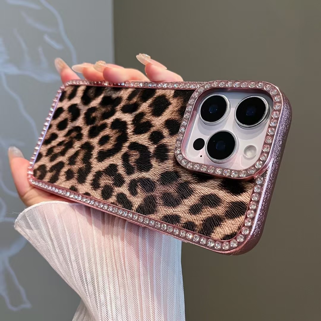 Diamond Plated Pink Brown Leopard Print iPhone 17 Apple 16 Pro Max Compatible 15 Phone Case 14 Shockproof Cover