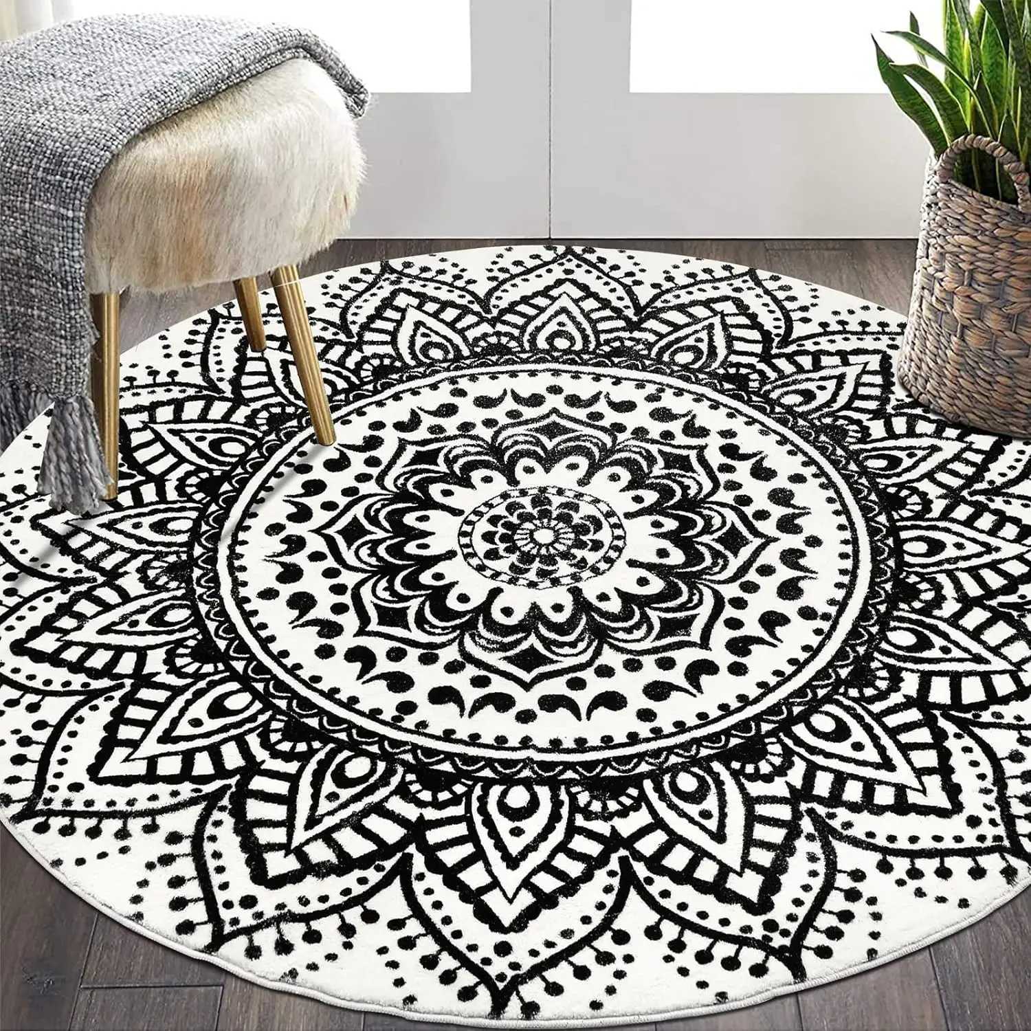 Grey Bohen Mandala Flower Round Carpets Washable Non Slip Indoor Floormat Living Ro Sofa Bedro Chair Mats He Decor Rugs Y251216