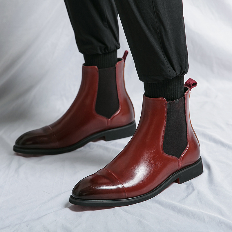 Spring and Autumn style pointed-toe slip-on large size men's boots British casual Chelsea boots high-top leather shoes red sole Martin boots