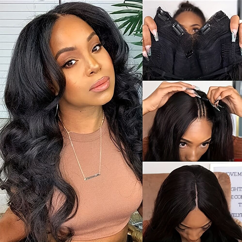 Human Hair V Part Body Wave Wig with Elastic Drawstring - Natural Look for Beginners