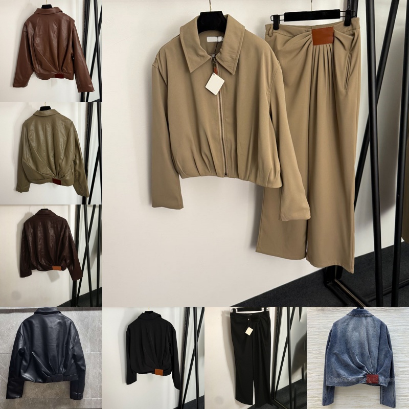 Luxury Zipper Draped Jacket For Women Designer Denim Trucker Coat Long Sleeve Pu Leather Jacket Spring Autumn Elegant Pants Tees