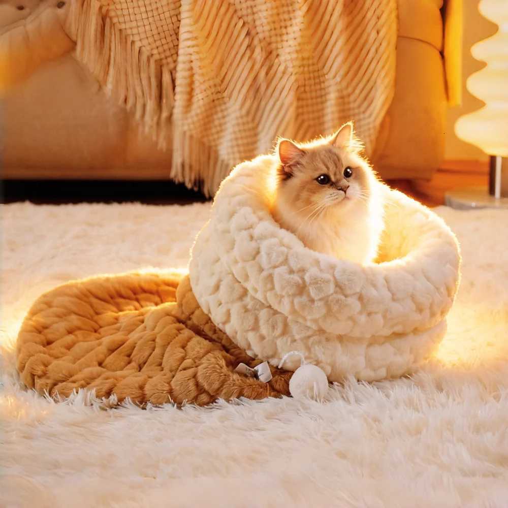 Upgraded Enclosed Cat Bed Winter Snuggle Sack with Burrow Entry Security Hood - Bunny-Soft Plush for Anxiety M251217