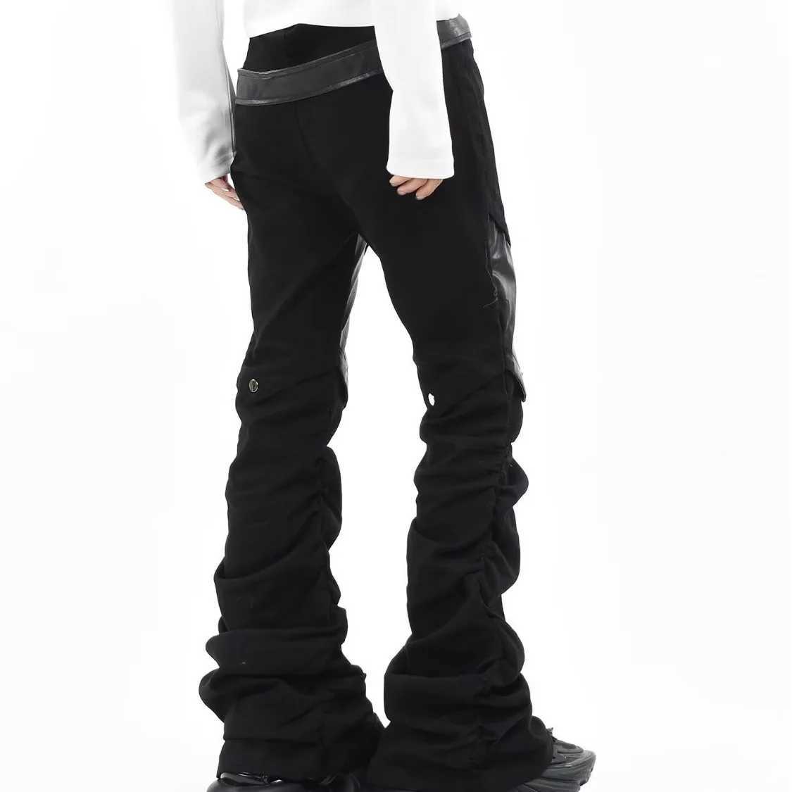 European and American Streetwear Pleated Pile Patchwork Mens and Womens Cyberpunk Rock PU Straight Leg Micro Flare Jeans M260319