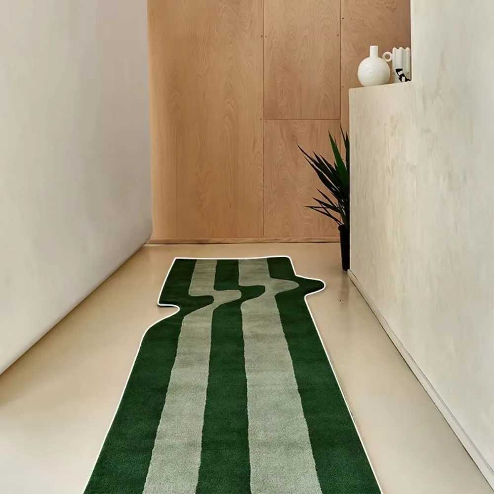 VIKAMA Dark Green Striped Wave Rug Bedside Anti Slip Mat For Bedro Nordic Style Living Ro Bedro Floor Mat He Decor Y251216