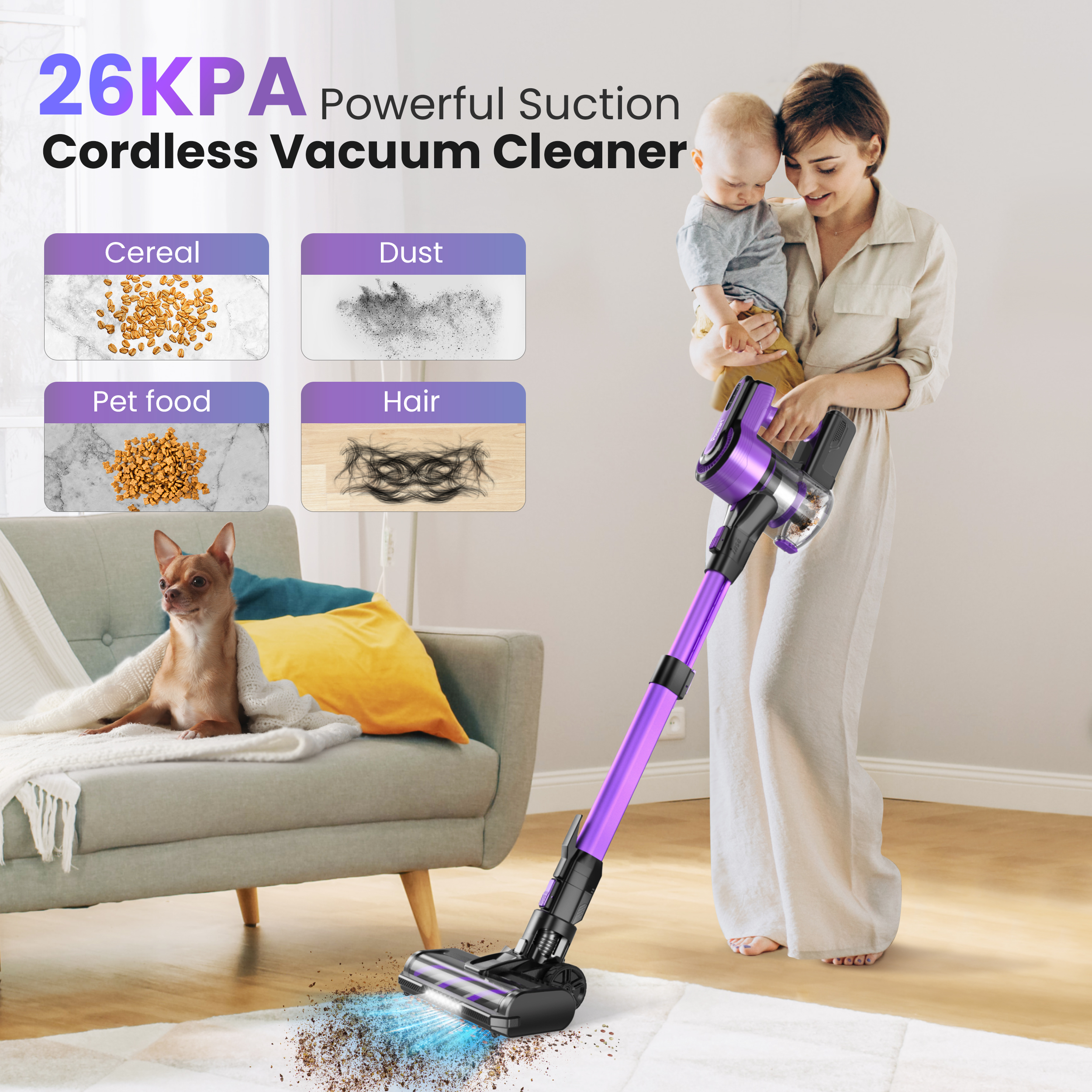 POWEART V870 Purple Cordless Vacuum 30KPa Suction 350W Motor 8-in-1 Cleaner