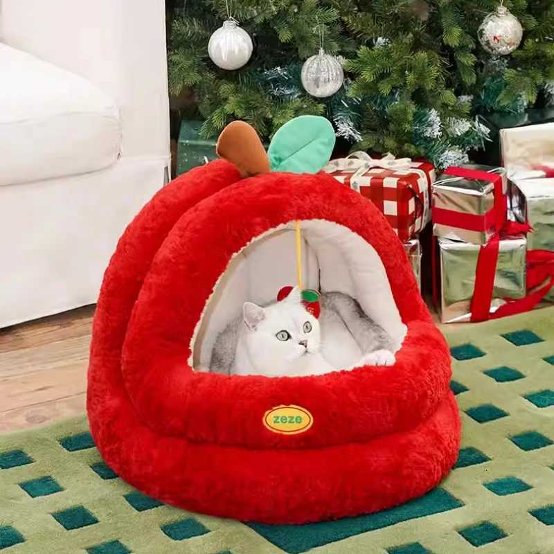 Winter Warm Kitty Tent with Semi-Enclosed Christmas Apple Cat Bed Plush Yurt Style Pet House Separable Cat Shelter for Indoor M251217