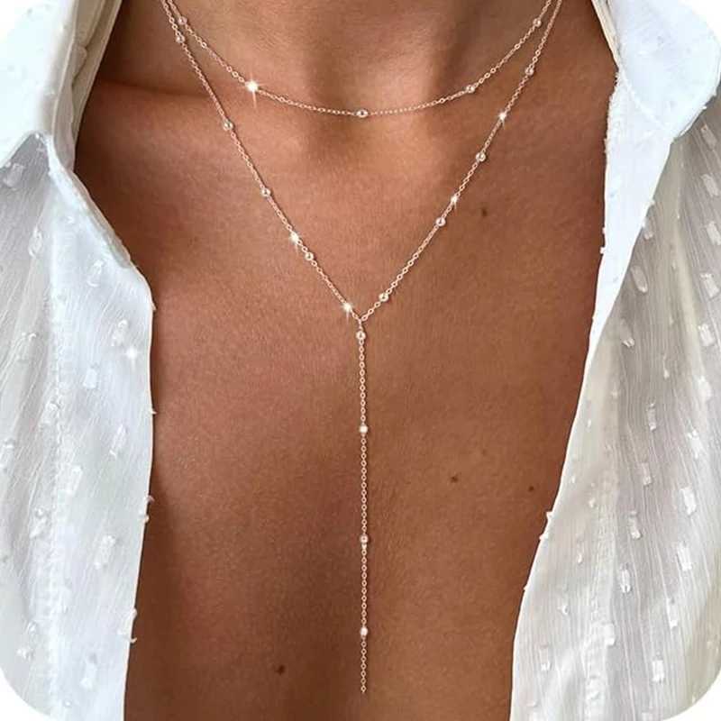 Dainty Long Necklace 14k Gold Plated Y-Shaped Pendant Necklace Trendy Layered Cz Beaded Necklaces Stainless Steel Jewelry G251217