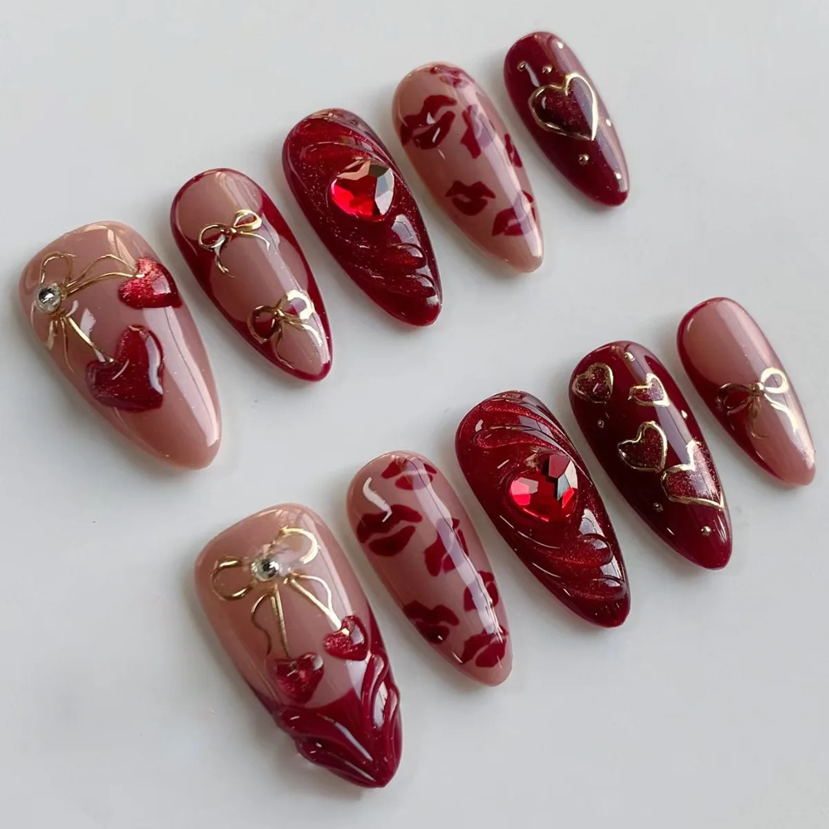 24pcs Red Almond False Nails Art Pearl Cherry Stick on Nail Tip Datachable French Leopard Print Short Press on Nails 251215
