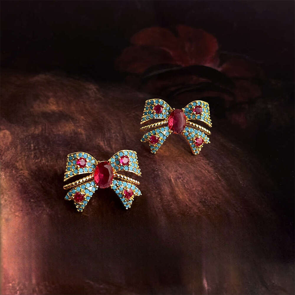 Earrings Vintage Medieval Style French Light Luxury Colorful Zircon Bow Earrings Artistic Retro High end Feel Ear Jewelry gift
