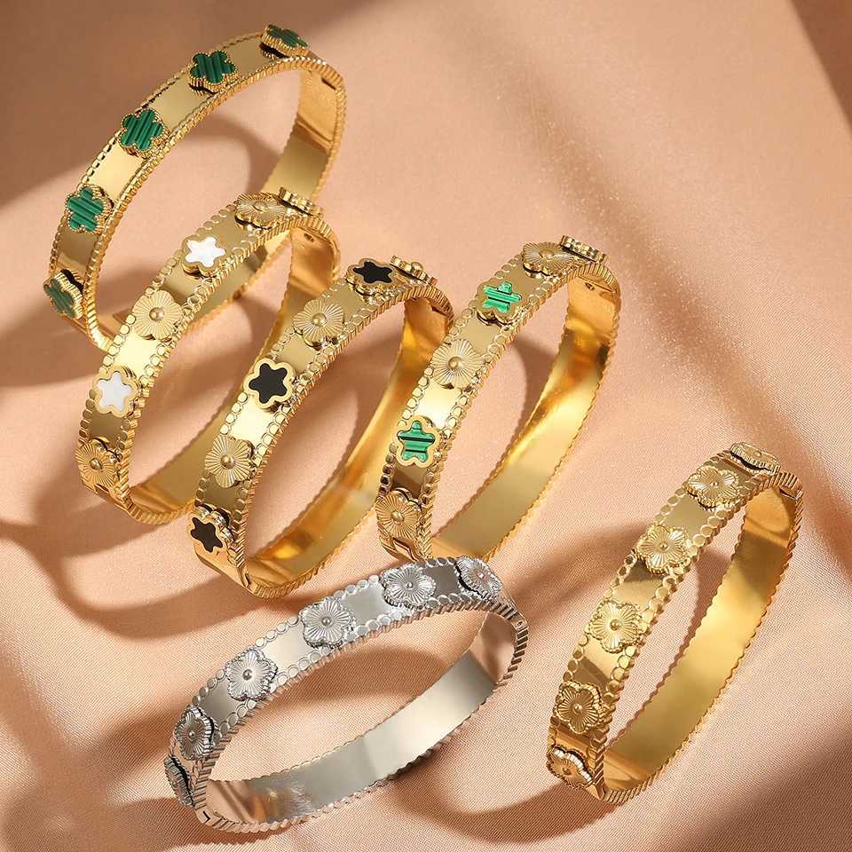 ZAKOL Trendy Lucky Five Leaved Flower Stainless Steel Bangles For Women Girls Gold Color Metal Wristlet s Jewelry Gifts M251217
