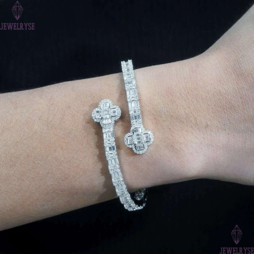 Pass Diamond Tester 14K Gold 925 Sterling Silver Baguette VVS Moissanite Iced Out Clover Cuff Bangle Bracelet for Men Women