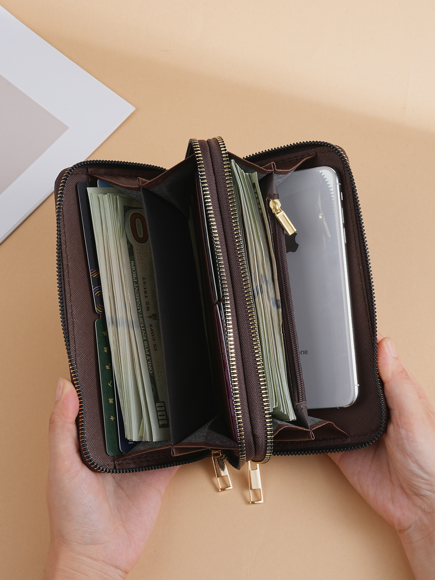 Ladies' printed wallet, multi-function long wallet, large-capacity double-zip wristlet handbag, wristlet phone multi-function wallet, men's 