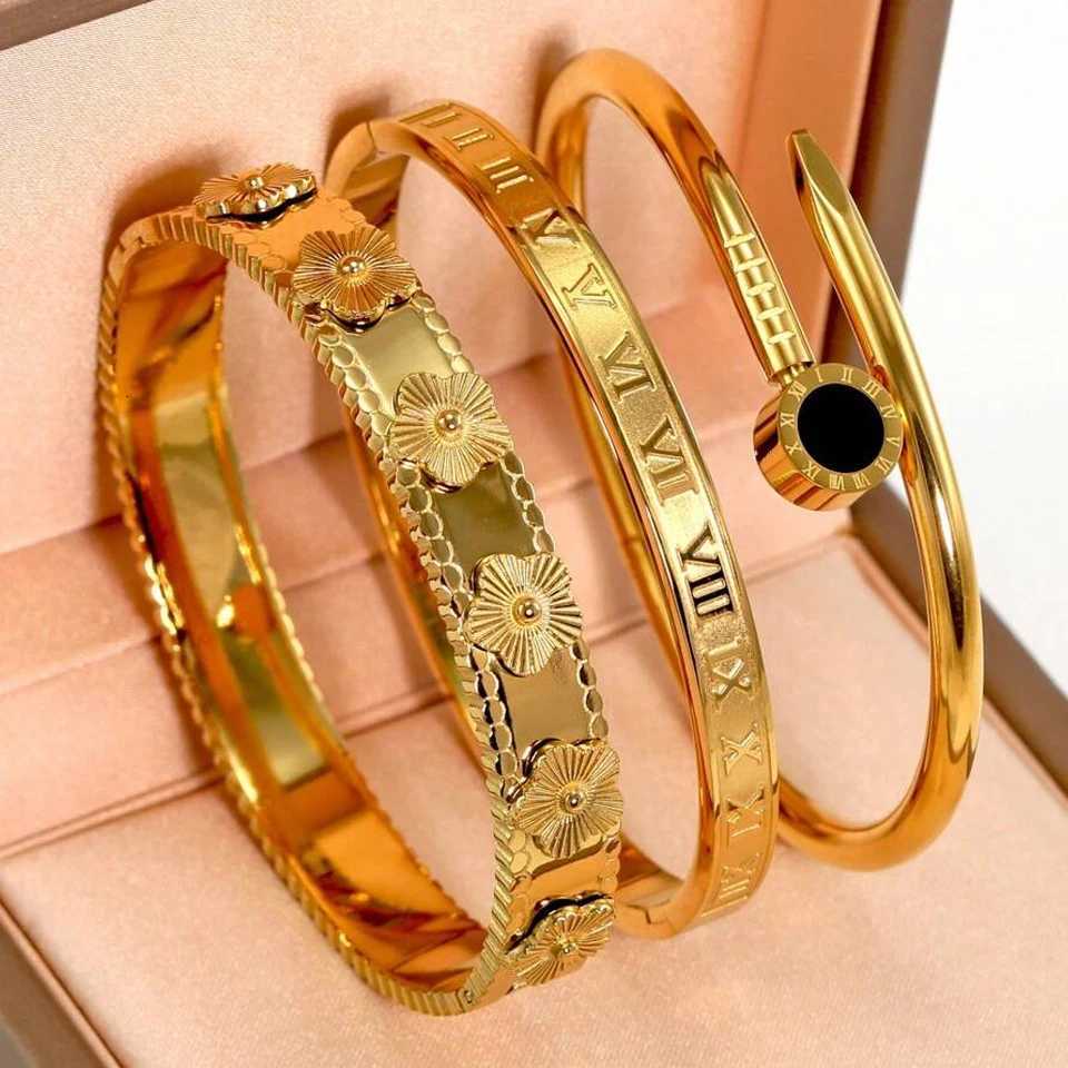 ZAKOL 3pcs/2pcs/1pcs Roman numeral stainlESS steel Set for Women Exquisite Flower Bangle Daily Jewelry M251217