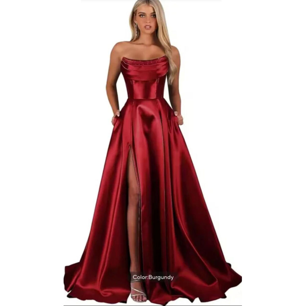 Elegant Strapless Prom Dress Robe De Cocktail Femme Satin Evening Gowns A-line Women Party Dresses With Pockets D17