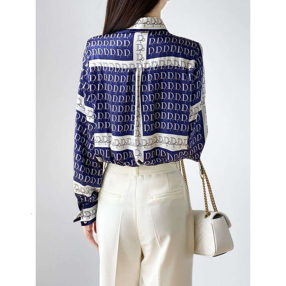 Spring Autumn Bowknot Women's Shirts Luxury Letter Allover Printed Long Sleeve Single Breasted Loose Fit Casual Ladies Blouses