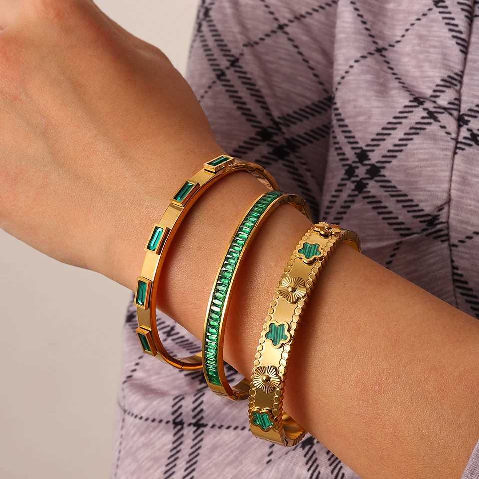 Yupsk New Green Crystal Zircon Five- Flower Series 316L Stainless Steel Open Bangle s Women Jewelry Gift M251220