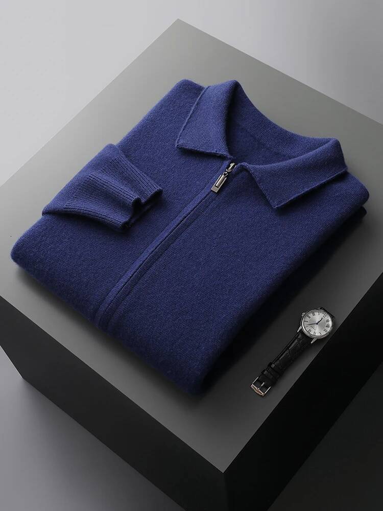 MEETCC Simple Men Polo Collar Zipper Cardigan 100% Merino Wool Smart Casual Sweater Coat Autumn Winter Thick Cashmere Knitwear