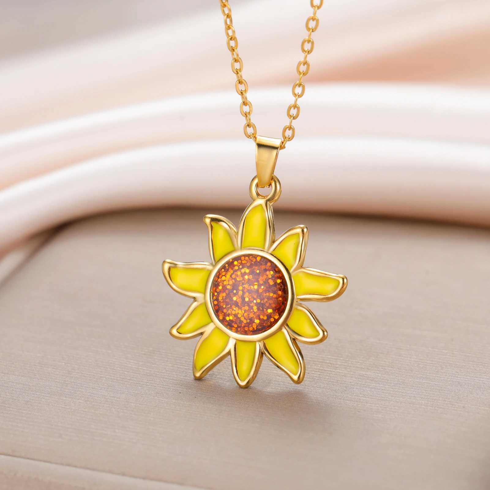 Teamer Enamel Sunflower Pendant Necklace Gold Color Stainless Steel For Women Fashion Plant Floral Amulet Jewelry Gift 2025 New G251217