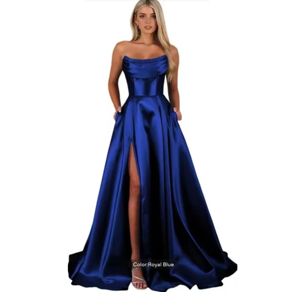 Elegant Strapless Prom Dress Robe De Cocktail Femme Satin Evening Gowns A-line Women Party Dresses With Pockets D17