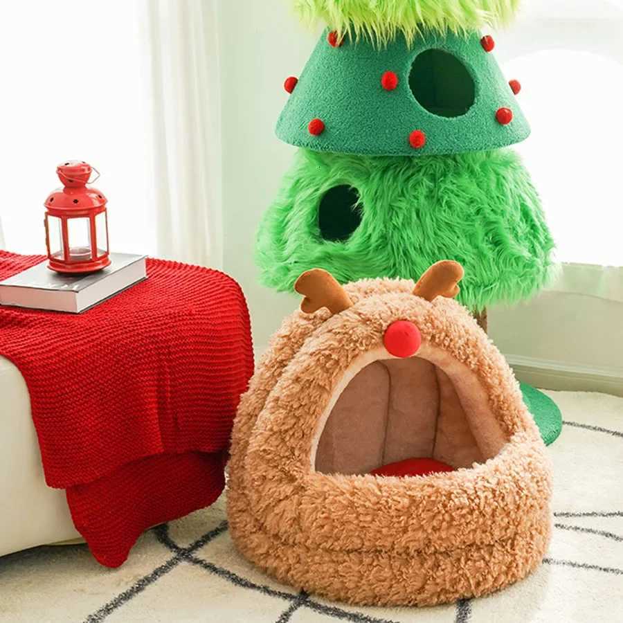 Enclosed Cat Bed Brown Christmas Mat Plush New Year Style Indoor Indestructible Hut Cute Nest Funny Katzenhaus Cats Accessories M251217
