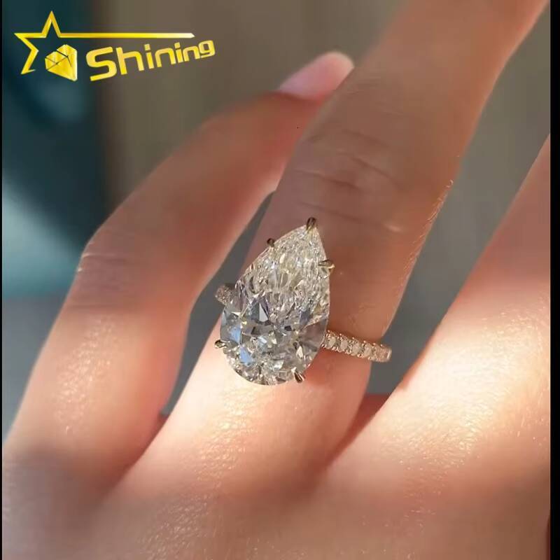 CVD/HPHT Lab Diamonds Solitair Plain Band Custom Luxury 14K Real Gold Pear Cut Moissanite Diamonds Wedding/Engagement Rings