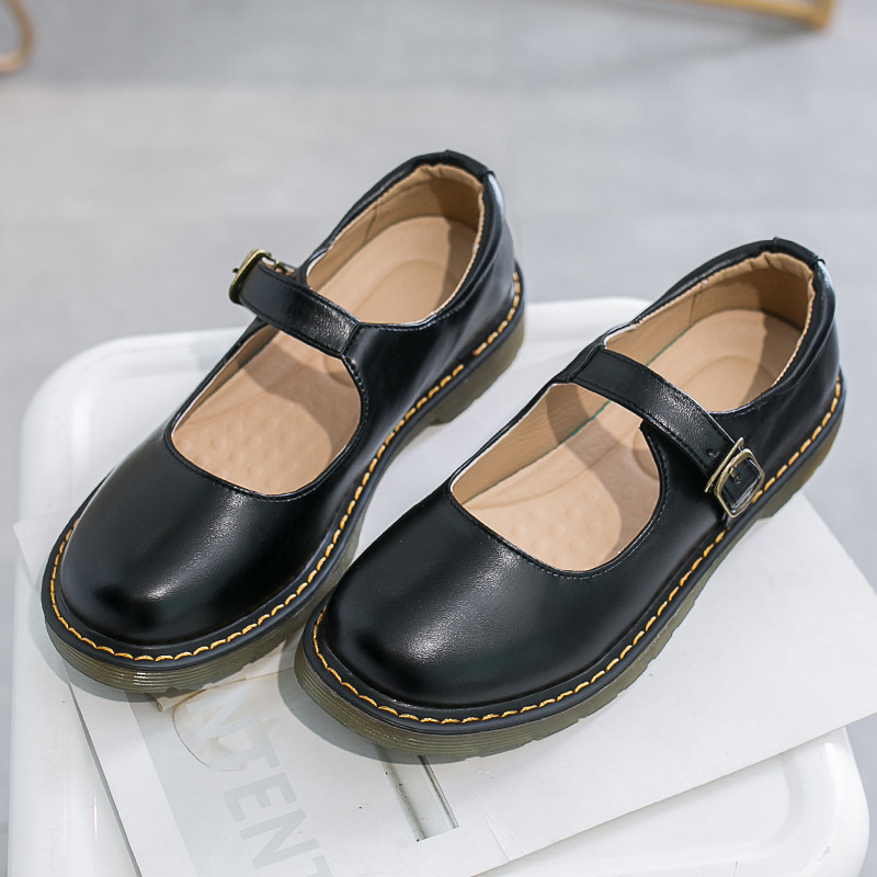 Spring/Summer New Women's Buckle Leather Shoes Retro Forest style Flat Bottom Mary Jane Shoes Black Dark Brown Size 35-40