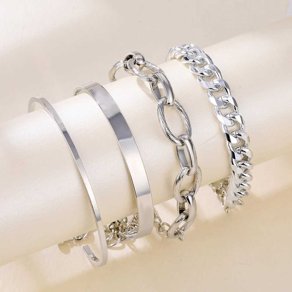 4Pcs Punk Heavy Metal Big Thick Chain Set Women Retro Geometric Metal Twist Chain Bangles Fashion Jewelry M251217