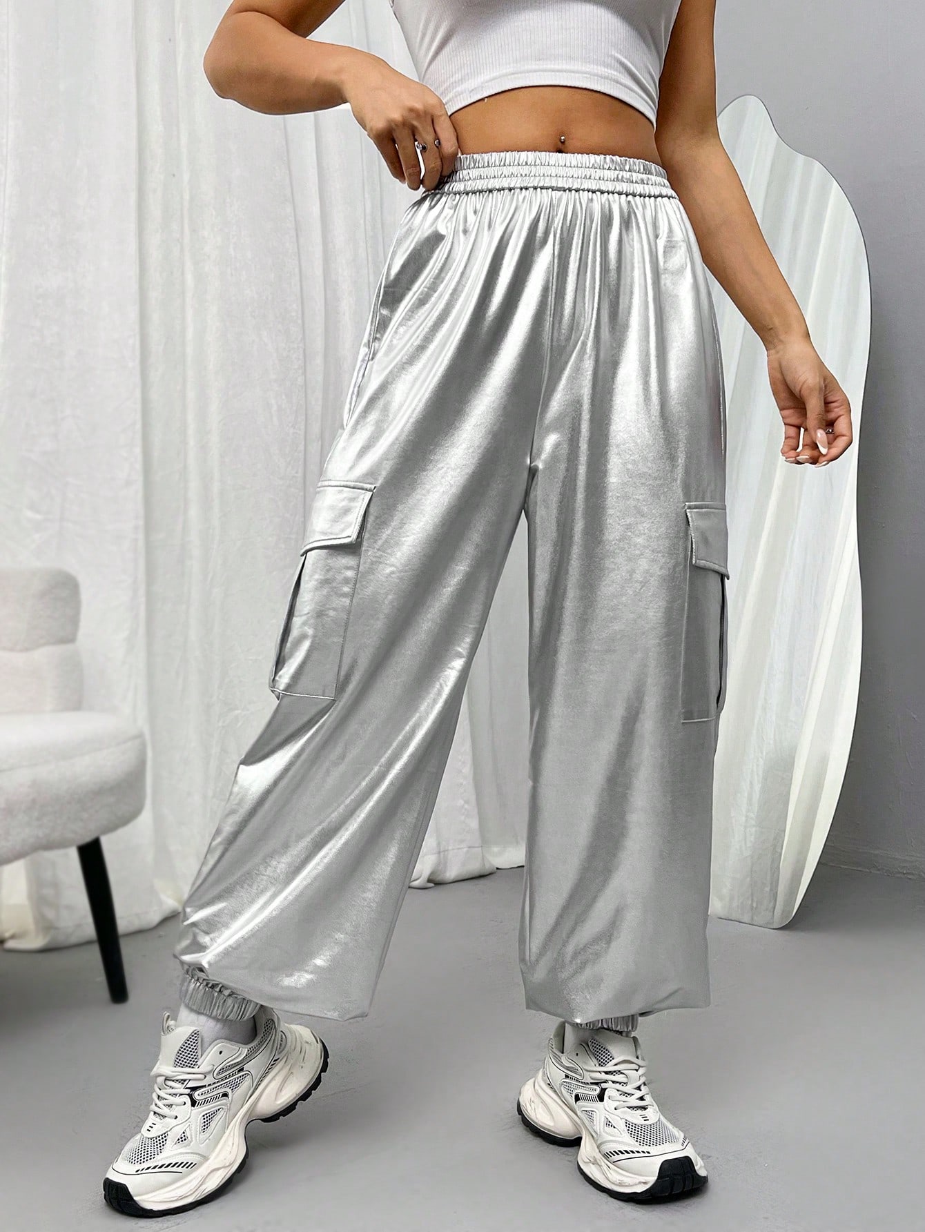 Silver Metallic Shiny Cargo Pants for Women - High Waist Elastic Waist Drawstring Jogger Pants Streetwear-114