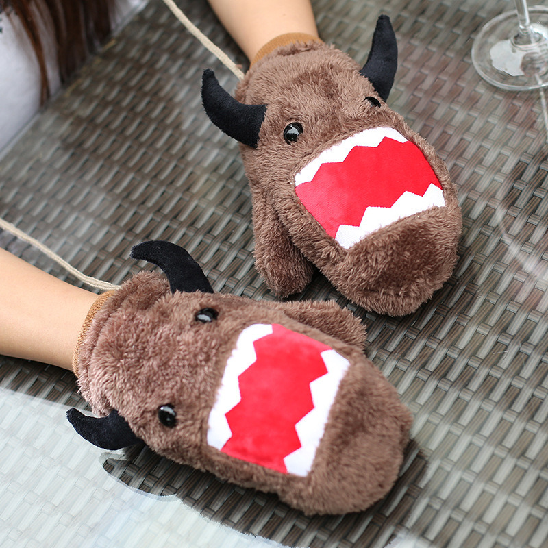 Autumn and Winter Warm Gloves Plush Thick Cute Hanging Neck Fashion Windproof Adult Black Student Fingered Male Winter