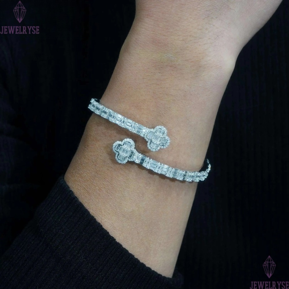 Pass Diamond Tester 14K Gold 925 Sterling Silver Baguette VVS Moissanite Iced Out Clover Cuff Bangle Bracelet for Men Women