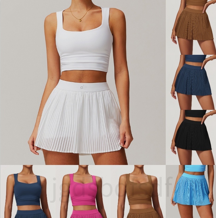 Womens Yoga Outfit Yoga Sets Skirts Vest Tennis Sport Gym Running Casual Shorts Elastic High Waist Sportwear Lined