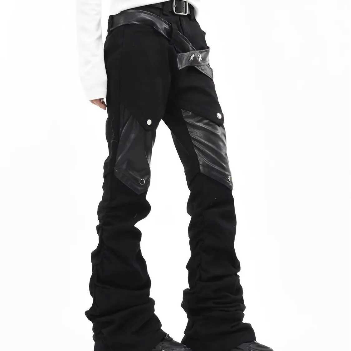European and American Streetwear Pleated Pile Patchwork Mens and Womens Cyberpunk Rock PU Straight Leg Micro Flare Jeans M260319