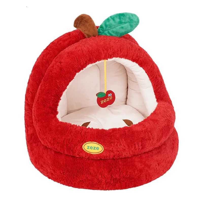 Winter Warm Kitty Tent with Semi-Enclosed Christmas Apple Cat Bed Plush Yurt Style Pet House Separable Cat Shelter for Indoor M251217