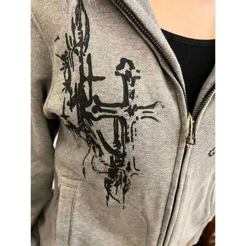 Gothic Dark Cross Print Skull Hot Diamond American Zip Up Hoodies For Y2k Winter Clothes Women Fur Collar Warm Sweatshirts