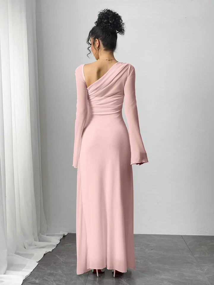 springsummer womens pink tulle explosion slim irregular diagonal shoulder ultra long dress 251219