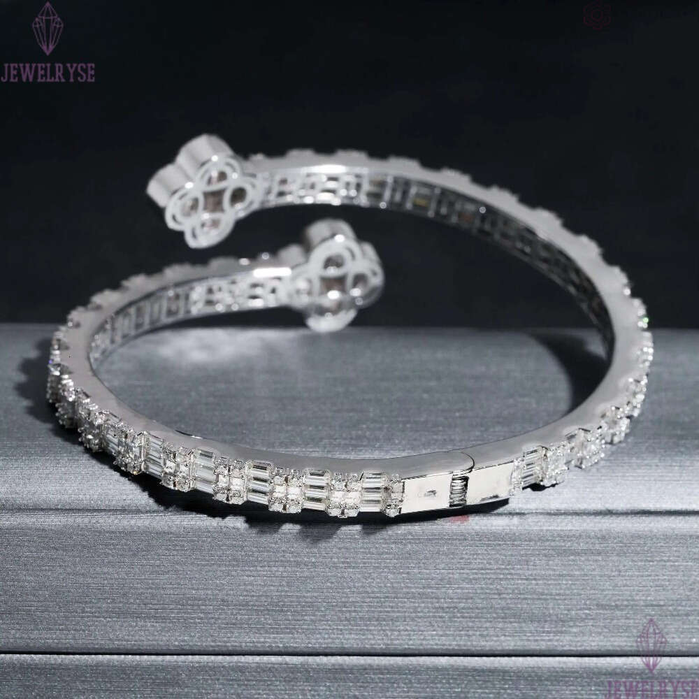 Pass Diamond Tester 14K Gold 925 Sterling Silver Baguette VVS Moissanite Iced Out Clover Cuff Bangle Bracelet for Men Women