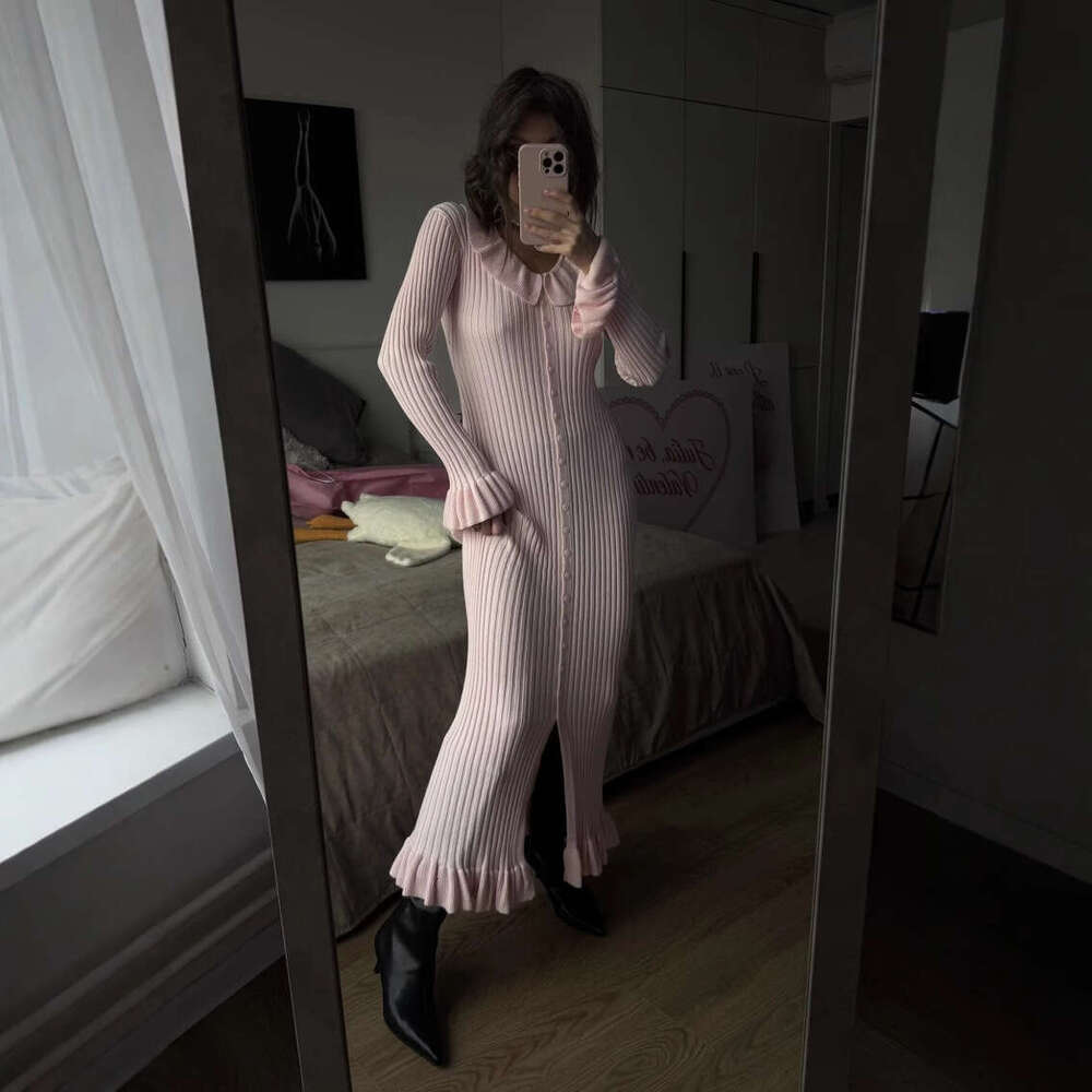 New French Pink Elegant For Women Sweet Style Ruffled Sleeve Slim Fit Single-Breasted Long Dress B5