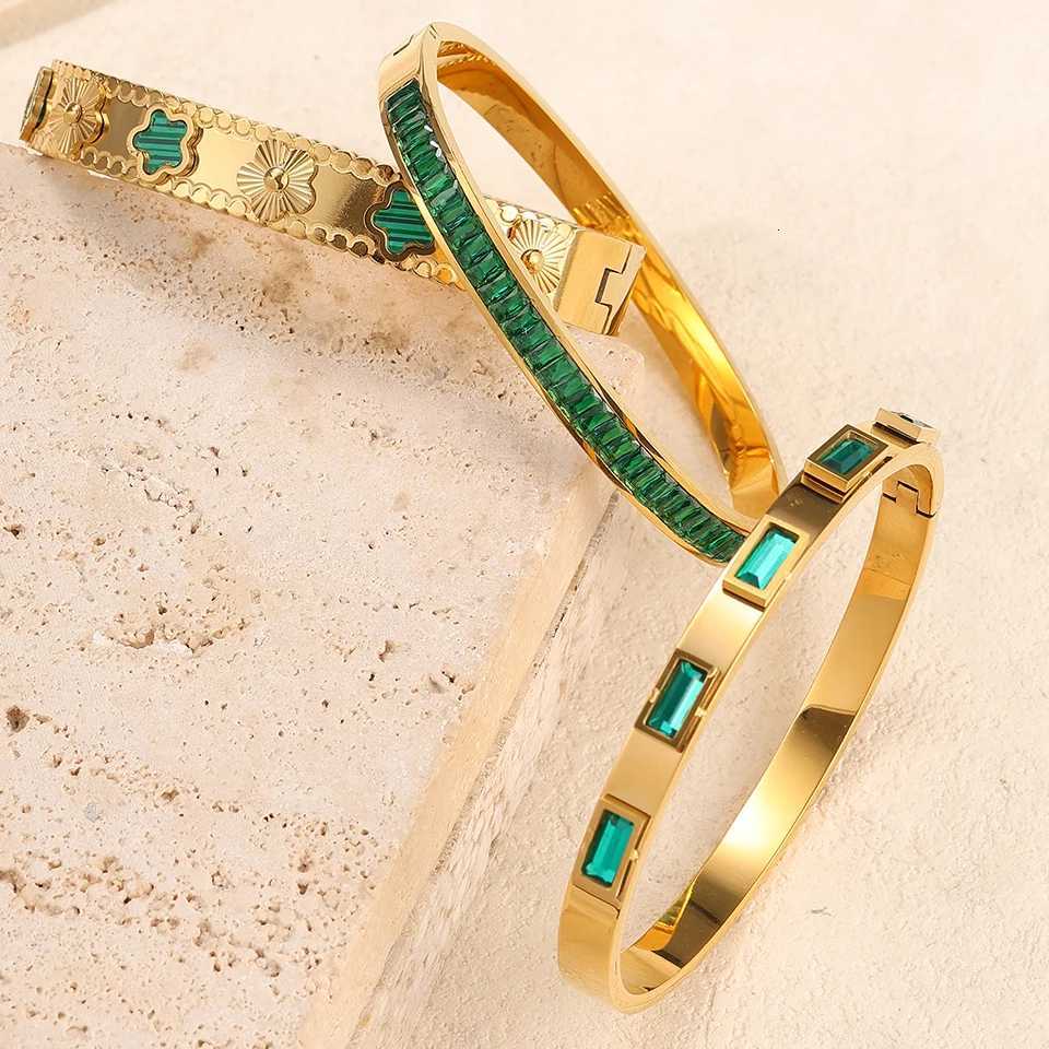 Yupsk New Green Crystal Zircon Five- Flower Series 316L Stainless Steel Open Bangle s Women Jewelry Gift M251220