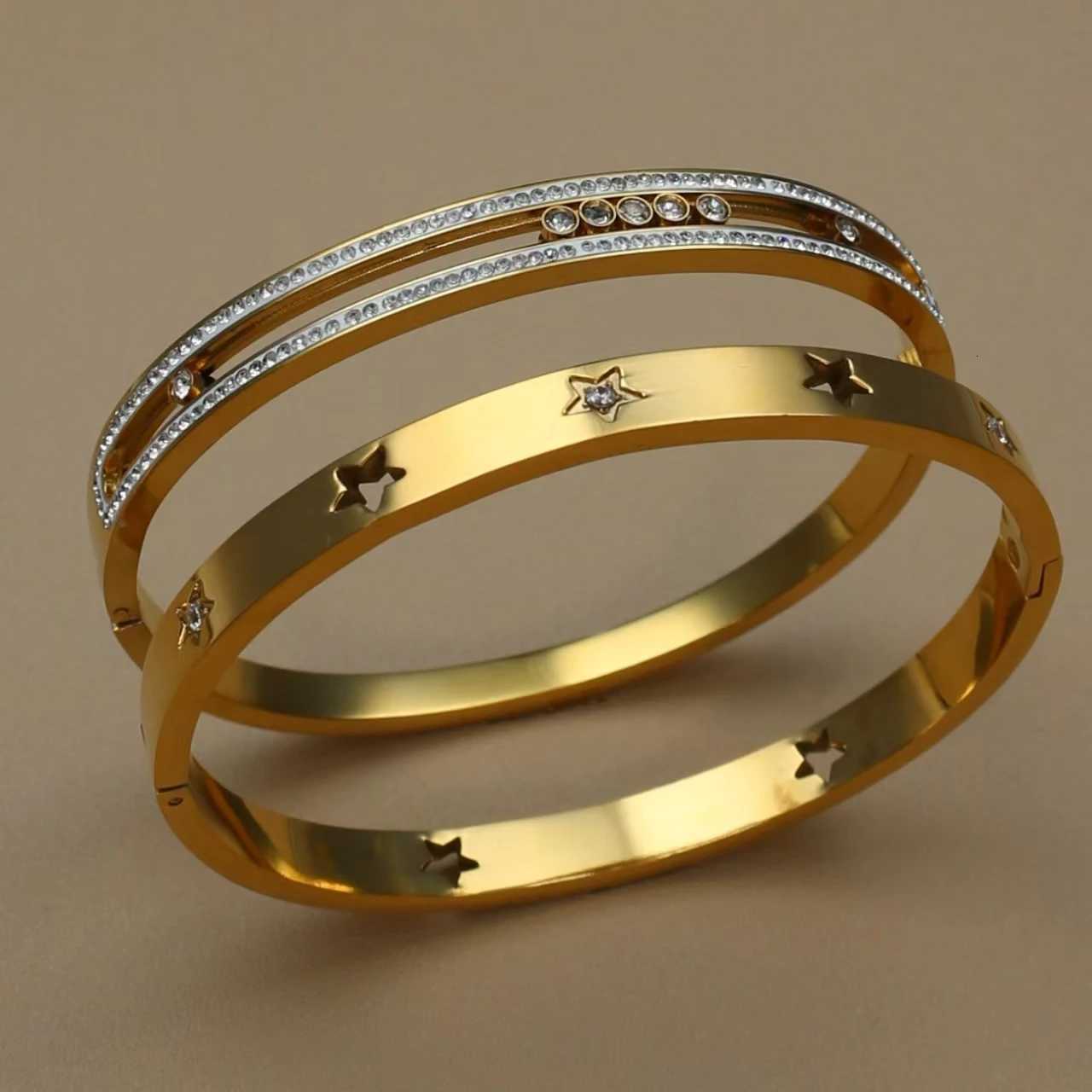 XCB-017 Fashion Stacking StainlESS Steel Crystal Charm Gold Color Womens Bangle Party Gift M251217