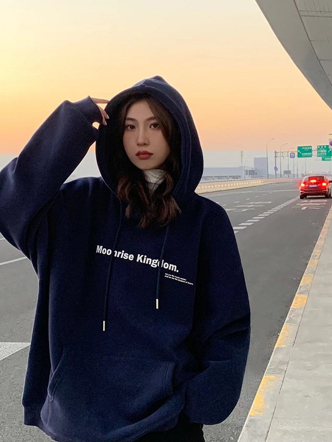 New Arrival Women's Letter Print Fleece-lined Navy Blue Hoodie - Loose Pullover Top Coat for Female Students, Trendy Style for Autumn & Winter