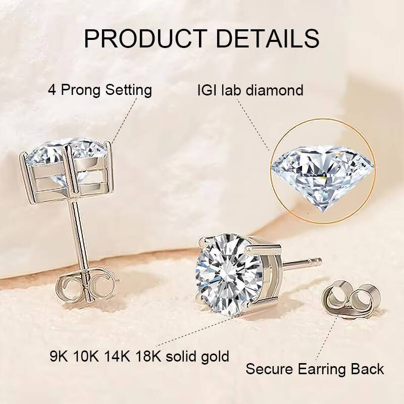 IGI Certificate CVD HPHT 05ct 1ct D VS1 Lab Created Diamond 14K Solid Gold Earrings Lab Grown Diamond Stud Earrings